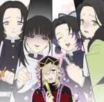  1boy 4girls :d annoyed bangs black_background black_headwear blonde_hair blue_nails blur_censor butterfly_hair_ornament censored cloak closed_eyes colored_tips column_lineup commentary_request cup_198x177 demon_slayer_uniform douma_(kimetsu_no_yaiba) facing_viewer false_smile flipped_hair flower folded_fan folding_fan forked_eyebrows green_eyes green_kimono grey_background hair_between_eyes hair_ornament hand_fan hand_up haori happy hashibira_kotoha hat holding holding_fan holding_sword holding_weapon jacket japanese_clothes kimetsu_no_yaiba kimono kochou_kanae kochou_shinobu korean_commentary long_hair long_sleeves looking_at_viewer looking_to_the_side middle_finger multicolored_hair multiple_girls pointing pointing_at_viewer projected_inset purple_eyes purple_hair reaching_towards_viewer red_shirt sad shaded_face shirt siblings side_ponytail sidelocks simple_background sisters smile sword tight tight_shirt tsuyuri_kanao turtleneck two-tone_hair updo upper_body weapon white_background white_cloak white_jacket wide_sleeves 