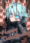  1boy ahoge android artist_name bangs blush checkered_background chocolate danganronpa_(series) danganronpa_v3:_killing_harmony green_eyes grey_hair happy_valentine headphones highres keebo kino124 power_armor sitting smile solo 