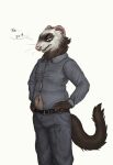 2019 angry anthro belly belt blue_clothing bottomwear brown_body brown_fur button_pop cettus cettus_chaput clothed clothing collared_shirt dialogue domestic_ferret dress_shirt english_text fur hands_on_hips hi_res looking_down male mammal mustelid musteline navel pants profanity shirt simple_background slightly_chubby slightly_chubby_anthro slightly_chubby_male solo speech_bubble standing text tight_clothing tight_fit topwear true_musteline weasel white_background white_face 