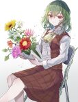  1girl ascot bangs bouquet breasts chair feet_out_of_frame flower flower_request green_hair hair_between_eyes hegata_(hegatia_lapis) highres holding holding_bouquet holding_flower kazami_yuuka light_smile long_sleeves looking_at_viewer medium_breasts medium_hair pink_flower plaid plaid_vest plant purple_flower red_eyes red_skirt red_vest shirt simple_background sitting skirt solo sunflower touhou vest vines white_background white_shirt yellow_ascot yellow_flower 