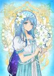  1girl blue_eyes blue_hair blue_ribbon closed_mouth commission copyright_request dress flower gradient_hair hair_flower hair_ornament holding holding_flower long_hair looking_at_viewer multicolored_clothes multicolored_dress multicolored_hair purple_hair ribbon senkyoushi_gondolf short_sleeves skeb_commission solo upper_body white_dress white_flower 