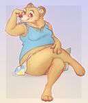  anthro bear blush breasts clothed clothing female fur gradient_background hi_res looking_at_viewer mammal simple_background sitting smile solo yellow_body yellow_fur yshanii 