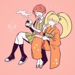  2girls :d bangs black_socks blonde_hair blush_stickers closed_eyes collared_shirt cup danganronpa_(series) danganronpa_2:_goodbye_despair dated eating food freckles highres invisible_chair japanese_clothes kimono kiri_(2htkz) kneehighs koizumi_mahiru long_hair multiple_girls necktie obi open_mouth orange_kimono pink_background plaid_necktie red_hair saionji_hiyoko sash shirt shoes short_hair simple_background sitting smile socks teeth twintails upper_teeth_only white_shirt 