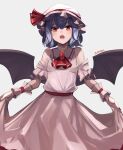  1girl ascot bat_wings blue_hair commentary daweykun dress grey_background hat highres looking_at_viewer mob_cap open_mouth pink_dress red_ascot red_eyes remilia_scarlet short_hair simple_background solo teeth touhou twitter_username upper_teeth_only white_headwear wings wrist_cuffs 