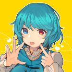  1girl :p bangs blue_eyes blue_hair closed_mouth dotted_line eyebrows_hidden_by_hair finger_to_cheek frilled_sleeves frills hands_up heart heart_background heterochromia index_finger_raised long_sleeves looking_at_viewer makita_(vector1525) open_hand outline red_eyes red_pupils short_hair solo swept_bangs tatara_kogasa tongue tongue_out touhou upper_body white_outline yellow_background 