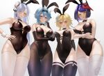  4girls alternate_costume animal_ears bangs bare_shoulders black_hair black_hairband blonde_hair blue_eyes blue_hair blush bow bowtie braid breasts cleavage detached_collar eula_(genshin_impact) fake_animal_ears flower genshin_impact gloves grey_hair hair_between_eyes hair_flower hair_ornament hair_over_one_eye hairband highres kujou_sara large_breasts leotard long_hair looking_at_viewer lumine_(genshin_impact) medium_breasts medium_hair multiple_girls open_mouth pantyhose playboy_bunny purple_eyes purple_hair rabbit_ears rabbit_tail shenhe_(genshin_impact) short_hair_with_long_locks sigggrain strapless strapless_leotard tail thigh_gap thighhighs thighs very_long_hair white_hair wrist_cuffs yellow_eyes 