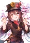  1girl :d bangs black_headwear black_nails black_skirt branch brown_eyes brown_hair brown_jacket claw_pose commentary_request flower flower-shaped_pupils genshin_impact hair_between_eyes hands_up hat hat_flower highres hu_tao_(genshin_impact) jacket long_hair looking_at_viewer nail_polish pink_flower red_flower red_shirt shirt simple_background skirt smile solo symbol-shaped_pupils very_long_hair white_background yonema 