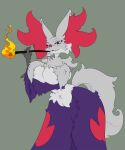  anthro big_breasts breasts clothing delphox female fire fur generation_6_pokemon grey_background grey_body grey_fur hi_res huge_breasts imric1251 nintendo pokemon pokemon_(species) purple_clothing red_eyes red_nose simple_background solo stick teeth 