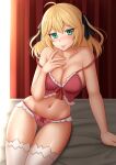  1girl :p ahoge anisphia_wynn_palettia arm_support backlighting bangs bare_arms bare_shoulders bed black_bow blonde_hair blush bow bow_panties breasts cameltoe cleavage closed_mouth collarbone commentary curtains green_eyes hair_between_eyes hair_bow hand_up highres kazenokaze long_hair medium_breasts navel panties pink_panties saliva saliva_trail sitting smile solo strap_slip tensei_oujo_to_tensai_reijou_no_mahou_kakumei thigh_gap thighhighs tongue tongue_out two_side_up underwear underwear_only white_thighhighs 