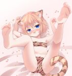 1girl animal_ear_fluff animal_ears animal_print bandeau barefoot beans blonde_hair blue_eyes blush cat_ears cat_girl cat_tail embarrassed fang feet flat_chest full_body legs_up looking_at_viewer lying mamemaki navel on_back open_mouth original panties setsubun short_hair soles striped_tail tail tiger_print umi_suzume underwear underwear_only 