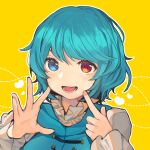  1girl :d bangs blue_eyes blue_hair close-up dotted_line eyebrows_hidden_by_hair finger_to_cheek frilled_sleeves frills hands_up heart heart_background heterochromia index_finger_raised long_sleeves looking_at_viewer lower_teeth_only makita_(vector1525) open_hand open_mouth outline red_eyes red_pupils short_hair simple_background smile solo swept_bangs tatara_kogasa teeth touhou upper_body white_outline 