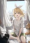 1girl absurdres alarm_clock bangs blonde_hair blue_eyes blue_sky blush bow bow_hairband casual cellphone cityscape clear_sky clock collarbone curtains day dog ekina_(1217) green_shorts hairband highres indoors kagamine_rin looking_at_viewer on_bed open_mouth phone pillow shirt short_hair shorts sidelocks sitting sky smartphone smile solo swept_bangs teeth upper_teeth_only vocaloid white_bow white_hairband white_shirt window 