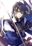 1boy black_gloves blue_background blue_eyes blue_hair dark_blue_hair expressionless gloves holding holding_sword holding_weapon japanese_clothes long_sleeves looking_at_viewer male_focus mikazuki_munechika mochizuki_shiina multicolored_background parted_lips short_hair solo sword teeth touken_ranbu weapon white_background 