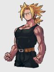  1boy blonde_hair clenched_hands dragon_ball grey_background kemachiku male_focus muscular muscular_male short_hair simple_background solo super_saiyan trunks_(dragon_ball) trunks_(future)_(dragon_ball) 