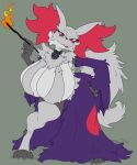  anthro big_breasts breasts collar delphox female fire generation_6_pokemon grey_body hi_res huge_breasts imric1251 nintendo pokemon pokemon_(species) red_eyes red_nose shiny_pokemon simple_background solo stick 