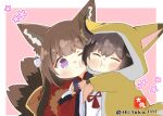  2girls :3 ^_^ amagi-chan_(azur_lane) animal_costume animal_ears azur_lane bangs black_hair blunt_bangs brown_hair cheek-to-cheek closed_eyes commentary_request crossover detached_sleeves eyeshadow fox_costume fox_ears fox_girl fox_tail hair_between_eyes hair_ornament heads_together hug japanese_clothes kaga_(kancolle) kantai_collection kyuubi long_hair long_sleeves looking_at_another makeup multiple_girls multiple_tails purple_eyes rope shimenawa sidelocks signature simple_background smile tail taisa_(kari) thick_eyebrows twintails twitter_username two-tone_background wide_sleeves 