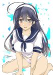  1girl ahoge black_hair blue_sailor_collar commentary_request gakky hairband kantai_collection long_hair no_pants one-hour_drawing_challenge panties sailor_collar sailor_shirt school_uniform serafuku shirt solo underwear ushio_(kancolle) ushio_kai_ni_(kancolle) white_hairband white_panties 