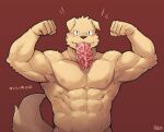  5_fingers abs anthro barazoku biceps black_nose canid canine canis clothed clothing domestic_dog eating eating_food fingers fist flexing floppy_ears food food_in_mouth fur japanese_text kemono looking_at_viewer male mammal meat muscular muscular_anthro muscular_male navel nipples pecs red_background rpbbw simple_background solo teeth text topless topless_anthro topless_male yellow_body yellow_fur 
