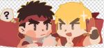  2boys black_hair blonde_hair blush_stickers chibi flat_color forked_eyebrows headband holding holding_phone ken_masters lowres male_focus multiple_boys phone ryu_(street_fighter) short_hair street_fighter thick_eyebrows upper_body yuiofire 