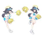  1girl absurdres animal_ears armpits black_hair blue_archive blush breasts cheering cheerleader cleavage deatheach dog_ears dog_girl dog_tail duplicate embarrassed full_body half-closed_eyes halo hibiki_(blue_archive) hibiki_(cheerleader)_(blue_archive) highres md5_mismatch medium_breasts midriff navel official_alternate_costume open_mouth pixel-perfect_duplicate pom_pom_(cheerleading) simple_background skirt solo sticker_on_face tail visor_cap white_background 