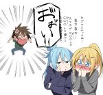  1boy 2girls :o anger_vein aqua_(konosuba) bangs blue_eyes blue_hoodie blue_pants blush breasts brown_hair commentary_request darkness_(konosuba) green_shirt hair_bun hair_ornament hairclip highres hood hood_down hoodie izawa_(bhive003) kono_subarashii_sekai_ni_shukufuku_wo! large_breasts long_hair long_sleeves multiple_girls pants ponytail satou_kazuma shirt single_hair_bun speech_bubble translated upper_body 