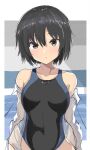  1girl amagami bangs black_hair black_one-piece_swimsuit bob_cut breasts brown_eyes closed_mouth competition_swimsuit covered_navel highres indoors looking_at_viewer medium_breasts nanasaki_ai one-piece_swimsuit open_clothes open_shirt shirt short_hair solo suberaku swimsuit wet wet_clothes wet_shirt 