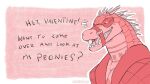  anthro clothing crocodile crocodilian crocodylid daylon_(dislyte) dislyte fangs holidays innuendo male mask open_mouth reptile scalie sealed_mouth smile solo spikes tattoo teeth text tongue valentine&#039;s_day valentines_day_card zinthings 