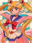  1girl arms_up back_bow bangs bishoujo_senshi_sailor_moon blonde_hair blue_background blue_eyes blush border bow breasts choker closed_mouth collarbone commentary_request crescent crescent_earrings dress earrings elbow_gloves gloves hair_ornament hands_up heart heart_choker highres jewelry long_hair looking_at_viewer medium_breasts outside_border parted_bangs pink_bow sailor_collar sailor_moon sanamaru_(sana79261827) short_dress short_sleeves simple_background smile solo sparkle standing tsukino_usagi twintails white_dress white_gloves yellow_border yellow_choker 
