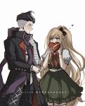  1boy 1girl bandaged_arm bandages bangs belt black_bow black_hair black_jacket black_pants blonde_hair bnags bow bowtie box cowboy_shot criis-chan danganronpa_(series) danganronpa_2:_goodbye_despair dress earrings gem green_dress grey_belt grey_hair grey_shirt hair_bow heart heart-shaped_box jacket jewelry long_hair looking_at_another multicolored_hair open_clothes open_jacket pants puffy_short_sleeves puffy_sleeves purple_scarf red_bow red_bowtie ring scarf shirt short_hair short_sleeves simple_background tanaka_gandamu twitter_username two-tone_hair undercut white_background 