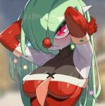  1girl artist_request blush breasts cleavage elbow_gloves gardevoir gloves green_hair hair_ornament hair_over_one_eye long_hair looking_at_viewer medium_breasts mega_gardevoir mega_pokemon non-web_source pokemon pokemon_(creature) red_eyes red_gloves red_nose source_request 