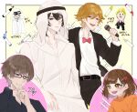  1girl 3boys artist_name bangs belt black-framed_eyewear black_hair black_shirt blonde_hair bow bowtie brown_hair buddy_daddies child child&#039;s_drawing crayon glasses hair_between_eyes hair_ornament hairclip hand_up head_scarf highres holding holding_microphone kaokiiumu kugi_kyutaro kurusu_kazuki medium_hair microphone multiple_boys orange_sweater pink_background red_eyes shirt short_hair sparkle suwa_rei sweater thobe unasaka_miri yellow_background yellow_eyes 