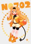  1girl bare_shoulders belt bike_shorts black_shirt blush boots dedenne double_bun earrings english_text hair_bun highres jewelry long_hair orange_footwear orange_hair personification pokemon shirt solo sparkling_eyes tail teeth upper_teeth_only v very_long_hair yuzu_ichika 