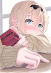  1girl absurdres blonde_hair blue_eyes blush close-up gift hair_between_eyes hairband head_rest highres holding holding_gift hololive indoors kazama_iroha looking_at_viewer rin_(rin_illust_0805) sidelocks solo sweater virtual_youtuber 