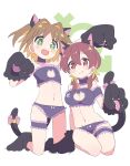  +_+ 2girls :d absurdres animal_ears animal_hands arm_up bangs bare_shoulders blonde_hair bra breasts bridal_garter brown_eyes brown_hair cat_cutout cat_ears cat_lingerie cat_tail choker cleavage cleavage_cutout closed_mouth clothing_cutout colored_inner_hair commentary cosplay fang flat_chest frilled_bra frilled_choker frilled_panties frills full_body gloves green_eyes hair_between_eyes hair_intakes highres kneeling light_blush long_hair looking_at_viewer male-female_symbol medium_breasts medium_hair meme_attire multicolored_hair multiple_girls murosaki_miyo navel oka_asahi onii-chan_wa_oshimai! open_mouth oyama_mahiro oyama_mahiro_(cosplay) panties paw_gloves paw_shoes purple_bra purple_choker purple_panties simple_background sitting smile stomach tail teira_(ooxoo) two-tone_hair underwear underwear_only white_background 