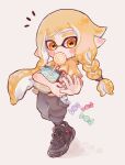  1girl bangs black_pants blonde_hair blunt_bangs blush braid candy eyebrow_cut fang food highres inkling inkling_girl lollipop long_hair orange_eyes pants pointy_ears shirt short_sleeves side_braid simple_background single_braid skin_fang solo splatoon_(series) splatoon_3 sweatdrop t-shirt tebasaki_(teba_illust) tentacle_hair tentacles toni_kensa_(splatoon) wrapped_candy yellow_shirt 