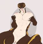  adria_(adleisio) anthro ball_python big_breasts bodily_fluids breasts breasts_squish brown_body brown_scales butt_from_the_front female forked_tongue genitals hi_res lactating milk missy_(artist) navel nipples non-mammal_breasts non-mammal_nipples pussy python python_(genus) red_eyes reptile scales scalie snake solo tongue tongue_out 