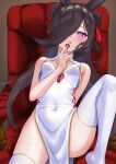  1girl absurdres animal_ears bare_shoulders black_hair blush breasts brown_hair china_dress chinese_clothes covered_navel dress hair_over_one_eye highres horse_ears horse_girl long_hair open_mouth pelvic_curtain purple_eyes rice_shower_(umamusume) side_slit small_breasts solo spread_legs tatsumi_yashiro thighhighs umamusume white_dress white_thighhighs 