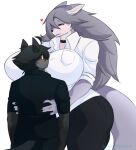  &lt;3 adro_(alldropped) alldropped anthro big_breasts black_body black_fur black_hair blue_eyes bottomwear breasts canid canine canis clothed clothing collar curvy_figure duo female fox fur gezo_(alldropped) grey_body grey_fur grey_hair hair hi_res huge_breasts male male/female mammal pants shirt topwear wolf yellow_eyes 