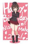 1girl absurdres blush breasts brown_eyes brown_hair character_name closed_mouth full_body girls_und_panzer happy_birthday hat highres kuromorimine_military_uniform looking_at_viewer medium_breasts military military_uniform miniskirt nishizumi_maho pleated_skirt red_skirt short_hair skirt smile solo standing uniform yabai_gorilla 