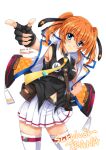  1girl artist_name black_gloves blue_eyes blush breasts closed_mouth commentary_request dated fingerless_gloves gloves hair_ribbon hand_on_hip highres large_breasts long_hair looking_at_viewer lyrical_nanoha mahou_shoujo_lyrical_nanoha_strikers miniskirt navel orange_hair partial_commentary ribbon san-pon simple_background skirt smile solo teana_lanster thighhighs white_background white_skirt white_thighhighs 