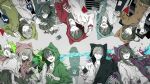  5boys 5girls alternate_color alternate_hair_color amamiya_hibiya animal_hood aqua_hoodie aqua_scarf arms_behind_back arrow_(symbol) bangs black_hair black_hoodie black_sailor_collar black_serafuku black_skirt blue_eyes blue_hoodie can casual cat_hood chain chain-link_fence collar commentary cropped_legs cross-laced_slit dress ene_(kagerou_project) facial_mark facing_away feet_out_of_frame fence from_above from_behind fujiori_(ayacoe727) green_eyes green_hair green_hoodie grey_background grey_collar grey_dress grey_hair grey_shirt grey_skirt grey_thighhighs hair_between_eyes hand_on_another&#039;s_shoulder highres holding holding_can holding_hands hood hood_up hoodie kagerou_project kano_shuuya kido_tsubomi kisaragi_momo kisaragi_shintarou konoha_(kagerou_project) kozakura_marry long_hair long_sleeves looking_at_another looking_at_viewer looking_away looking_to_the_side mekakucity_actors multicolored_background multiple_boys multiple_girls muted_color neck_warmer one_eye_closed open_mouth orange_hoodie parted_lips pedestrian_crossing_sign pink_eyes pink_hoodie pleated_skirt purple_eyes purple_hoodie red_eyes red_hoodie road_sign sailor_collar school_uniform serafuku seto_kousuke shaded_face shirt short_hair sign skirt sleeve_cuffs sleeves_past_elbows smile spray_paint stop_sign surprised sweat tateyama_ayano teeth thighhighs triangle turn_left_sign two-tone_hoodie upper_body upper_teeth_only upside-down wavy_mouth white_hoodie yellow_eyes yellow_hoodie 