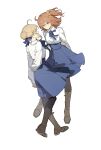  2girls absurdres ahoge arm_behind_back artoria_pendragon_(fate) black_pantyhose blonde_hair blue_bow blue_bowtie blue_skirt boots bow bowtie braid brown_eyes brown_hair fate/grand_order fate/stay_night fate_(series) floating_hair fujimaru_ritsuka_(female) fujimaru_ritsuka_(female)_(anniversary_blonde) full_body hair_bow hair_bun hand_on_own_arm high-waist_skirt highres knee_boots long_sleeves looking_at_another matching_outfit multiple_girls one_side_up pantyhose profile saber shirt simple_background single_hair_bun skirt standing white_background white_shirt zhibuji_loom 