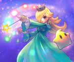  1girl aqua_dress aqua_eyes blonde_hair blue_dress co_co_mg dress earrings hair_over_one_eye holding holding_wand jewelry long_hair long_sleeves luma_(mario) mario_(series) off-shoulder_dress off_shoulder pink_nails purple_nails rosalina space star_(symbol) star_earrings star_wand super_mario_galaxy wand 