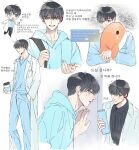  1boy absurdres black_hair black_pants black_shirt blood blue_eyes blue_hoodie blue_pants blue_shirt chibi closed_mouth coffee_cup collared_shirt commentary_request cup disposable_cup eoduun_badaui_deungbul-i_doeeo full_body grey_eyes haein031 hand_in_pocket heterochromia highres holding holding_cup holding_strap holding_stuffed_toy hood hood_down hoodie korean_commentary korean_text labcoat long_sleeves looking_at_viewer male_focus multiple_views necktie nosebleed open_mouth pants park_moo-hyun peeking_out shirt short_hair simple_background smile stuffed_animal stuffed_toy stuffed_whale tears translation_request white_background white_necktie 