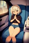 1girl blonde_hair breasts car_interior copyright_request covered_nipples ground_vehicle highres looking_away medium_breasts midriff navel non-web_source praying retro_artstyle short_hair shorts tagme thick_thighs thighs 