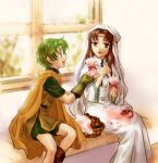  1boy 1girl :d bad_id basket brown_hair cape chocolate elen_(fire_emblem) fire_emblem fire_emblem:_the_binding_blade gift_bag gift_wrapping green_hair long_hair lugh_(fire_emblem) priestess red_ribbon ribbon sitting smile usachu_now window yellow_cape 