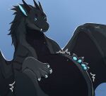  ambiguous_gender artist_name belly big_belly black_body black_fur black_horn black_wings blue_background blue_eyes blue_pawpads cheek_tuft chest_tuft claws dragon facial_tuft fangs feral fur furred_dragon glistening glistening_eyes grey_body grey_claws grey_fur hi_res horn huge_belly membrane_(anatomy) membranous_wings motion_lines mouth_closed neck_tuft pawpads roobin semi-anthro simple_background solo teeth tuft wings 