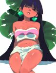  1girl aetherion bangs bare_shoulders black_hair blunt_bangs breasts brown_eyes chel_(the_road_to_el_dorado) crop_top dark-skinned_female dark_skin earrings highres jewelry loincloth long_hair looking_at_viewer navel pelvic_curtain pink_tube_top sidelocks sitting solo strapless the_road_to_el_dorado thick_thighs thighs tube_top 