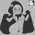  1girl bikini black_eyes blush breasts cape closed_mouth cowboy_shot creepypasta curvy flower genderswap genderswap_(mtf) greyscale heart highres hood hood_up jeff_the_killer jose_bonn looking_at_viewer micro_bikini monochrome navel scarf sketch smile solo swimsuit 