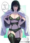  1boy 1girl bald bangs black_hair blunt_bangs blunt_ends bra bracelet breasts coat dark_green_hair english_text fubuki_(one-punch_man) fur_coat garter_belt green_eyes jewelry kajin_(kajinman) large_breasts legwear_garter lingerie looking_at_viewer navel necklace one-punch_man panties saitama_(one-punch_man) short_hair smile underwear 